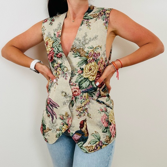 Vintage Jackets & Blazers - F. L. Malik Vintage 90s floral tapestry vest linen blend boho
